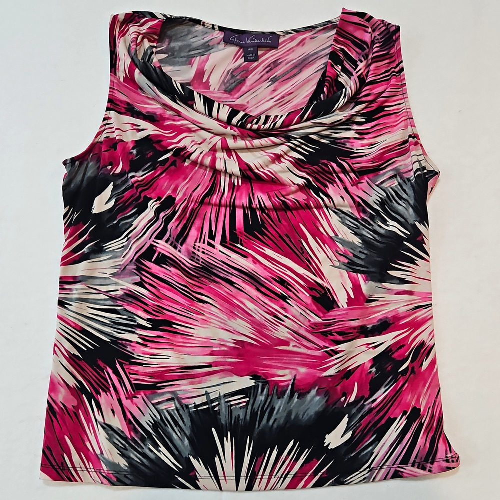 Gloria Vanderbilt Women's 14 Pink/Black Abstract Knit Cowl Neck Tank Top Stretch